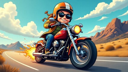 Obraz premium Colorful Cartoon Motorcycle Adventure