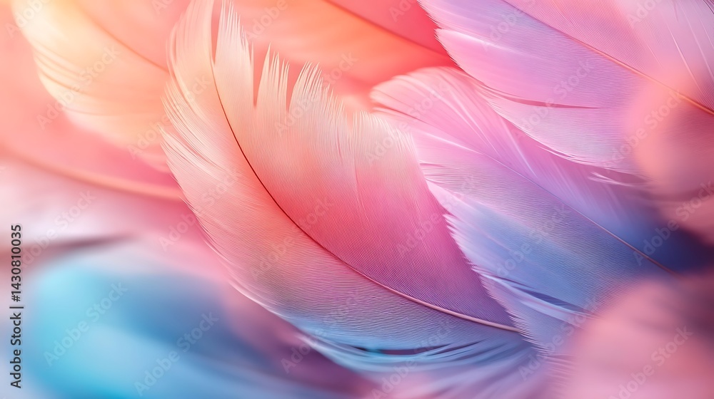 Poster colorful feathers in soft focus, close-up of colorful feathers in soft focus with warm lighting