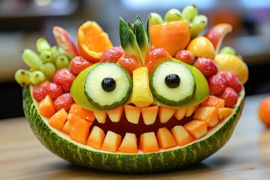 Naklejki Creative fruit sculpture featuring a playful monster design made from various fruits arranged in a watermelon bowl