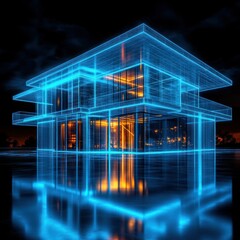 Futuristic Wireframe House: Digital Architectural Vision at Night