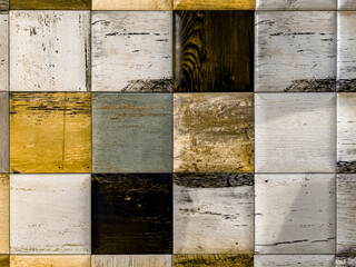 Colorful wooden tiles arranged in a checkered pattern showcasing varied textures and tones in a contemporary space