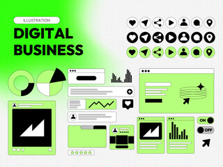 Business marketing, media, and web in illustration. Social Media icons, management, website, statistics, analytics, network, infographic