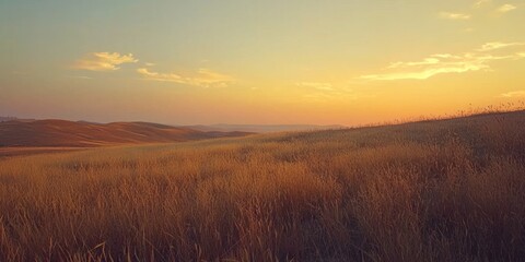 Fototapeta premium A minimalist desert scene featuring scattered dry grass, textured dunes, and a warm sunset sky