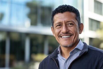 Fototapeta premium Smiling Professional Man Outdoors in Urban Setting with Office Background.