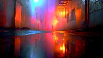 Illuminated urban landscape reveals ethereal reflections on a rain soaked street surface at night