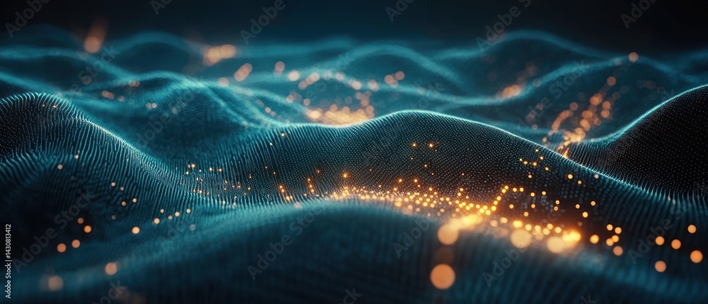 Poster abstract digital landscape: teal waves of data and glowing particles