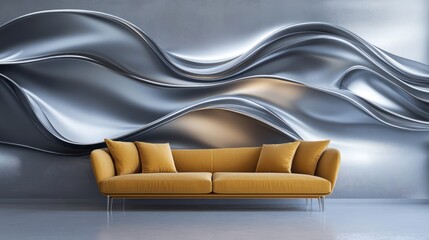 Modern mustard sofa against abstract metallic wall art, interior design