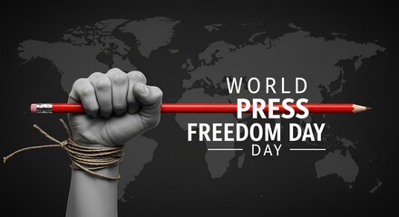 Hand holding a pencil, tied with string, symbolizes World Press Freedom Day.
