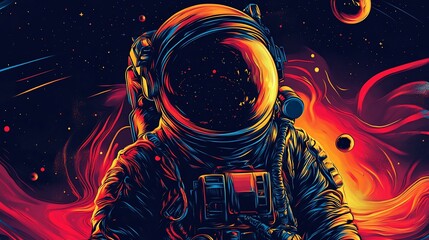 Obraz premium Astronaut in surreal, fiery space with planets and stars
