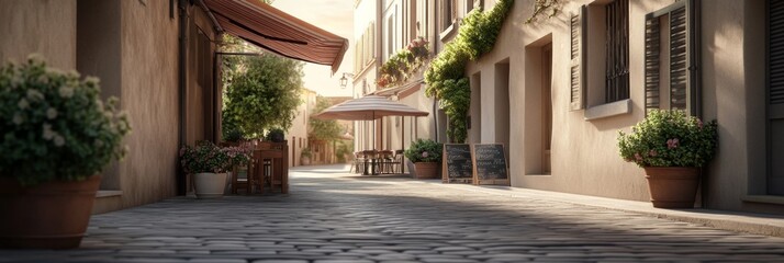 Charming cobblestone street with cafe tables and greenery alongside for relaxing walks