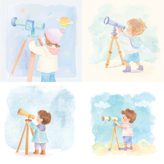 Watercolor Kid with Telescope Clipart Set


