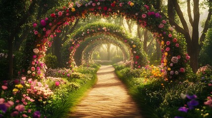 Fototapeta premium Floral pathway, enchanting rose arches lead to a sunlit dreamy garden vista