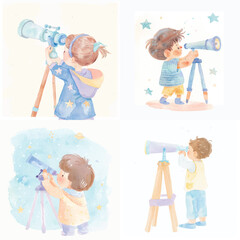 Hand-Painted Child Exploring with Telescope Clipart

