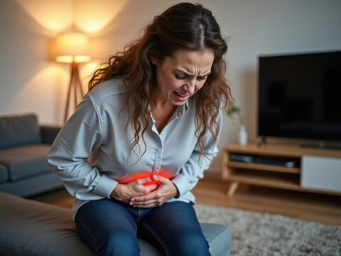 Mujer haciendo una mueca de dolor con la mano presionada firmemente sobre su abdomen inferior