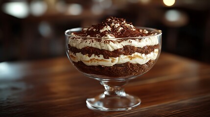 Classic layered tiramisu dessert in a glass trifle bowl on wooden table
