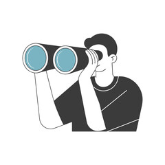 Man looking through binoculars or a telescope in search of future opportunities and new ideas. Minimalist illustration.