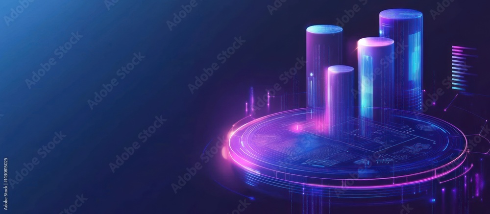 Poster abstract digital data visualization: neon cylinders on a futuristic platform