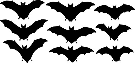 set of Black silhouette of a bat with outstretched wings against a white background, showcasing intricate details and sharp edges, vector set