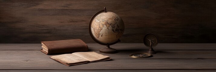 Vintage globe and compass with opened book on a wooden table show timeless exploration equipment
