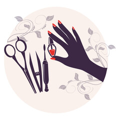 manicure accessories hand with red varnish nail care