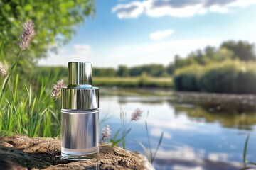 Bottle of fragrance placed on a log by a serene lake surrounded by greenery