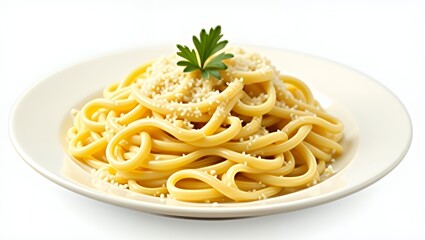 Alfredo pasta with parmesan and cream sauce served creamy on white background for meal