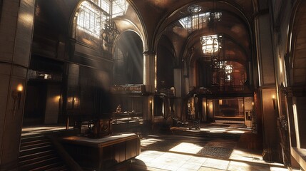 Obraz premium Sunlight streams through the grand interior of an old building with arches and tiled floors, creating depth