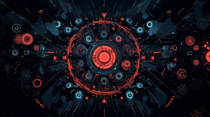 Intricate, glowing, circular design with mechanical and fractal elements in deep blues and vibrant oranges