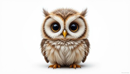 Naklejka premium Adorable Fluffy Baby Owl Portrait on White Background