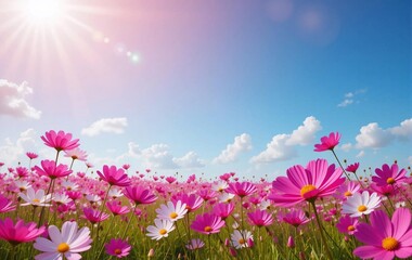 Fototapeta premium Blue sky and clouds and cosmos background image, flower, season, banner texture poster advertising