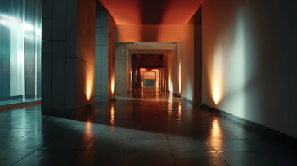 An evocative hallway showcases a modern design with soft glowing lights illuminating a path in perspective