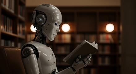 Fototapeta premium Robot Reading Book in Library, Artificial Intelligence Learning Concept