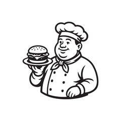 fat chef carrying a plate of burgers
