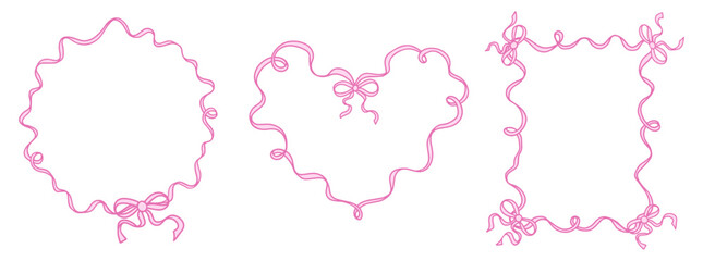Coquette Whimsical frames with Ribbon bows in trendy, vintage style. Delicate vintage borders for holiday, wedding, birthday gift decorations. Hand-drawn Vector illustration.