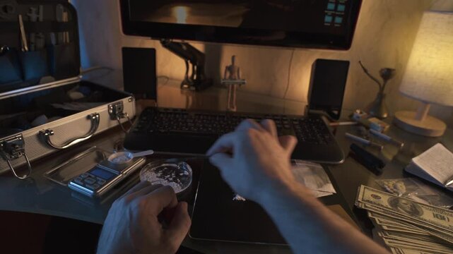 Drug addicted man rolling up dollar bill and snorting white powder. Drug trafficking and distribution. Point of view shot.