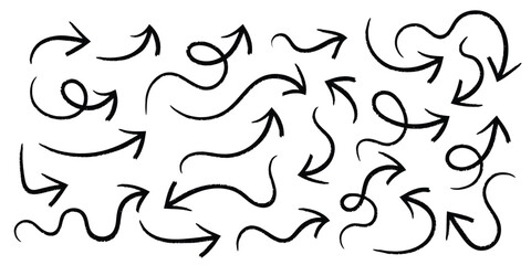 Simple hand drawn black arrows collection in line style