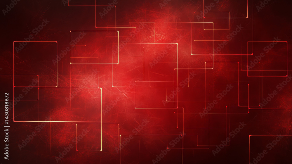 Poster glowing red elements create abstract matrix of shapes and lines, evoking sense of depth