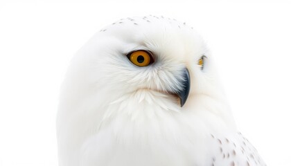 Obraz premium Close Up Portrait of Snowy Owl Against White Background