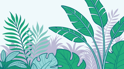 Tropical leaf illustration in soft green and purple tones. Aesthetic botanical background perfect for nature, summer, or jungle-themed designs.