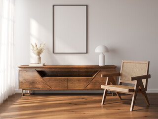 Elegant Living Room with Wooden Sideboard and Framed Art