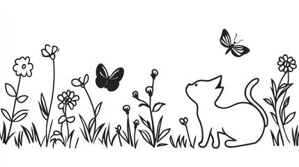 Naklejka premium Cute black and white cat in a garden with flowers and butterflies