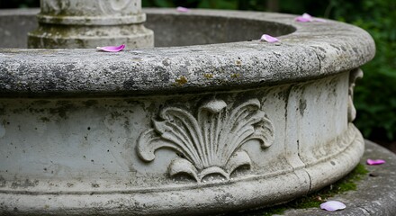 Stone Fountain Detail with Rose Petals in a Garden Setting
