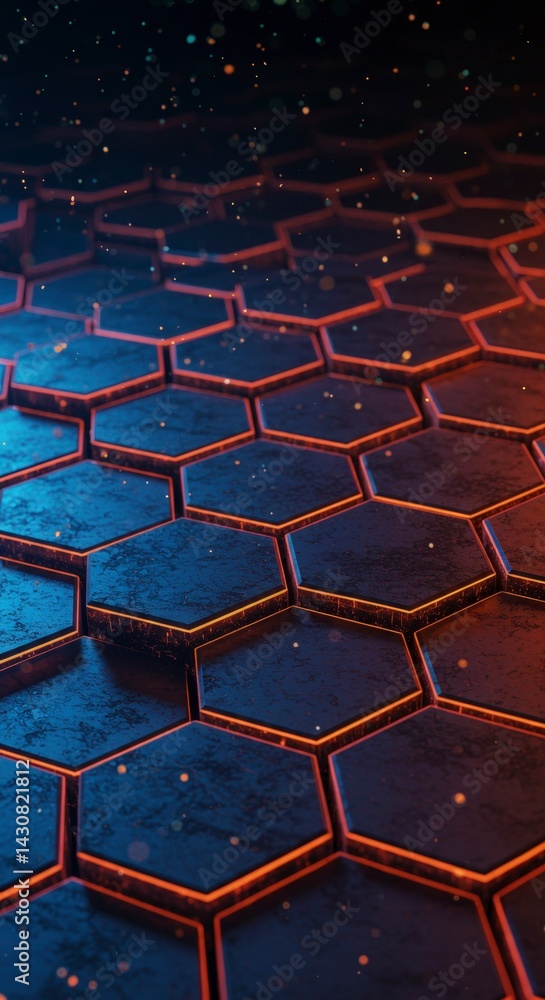 Poster abstract hexagon pattern with glowing edges and floating particles