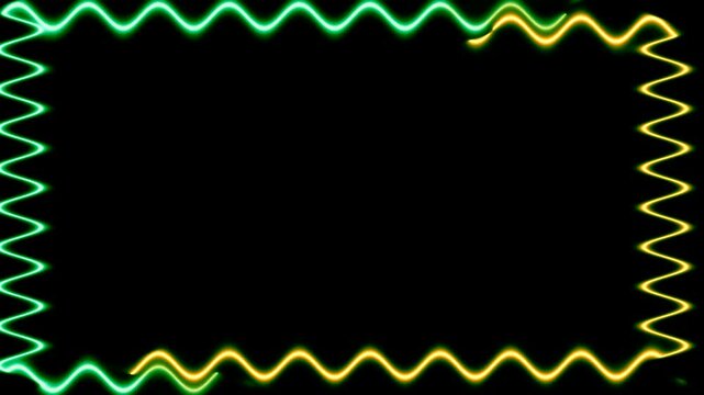 Long rectangular horizontal wavy colorful orange green neon moving around light closed frames on black background. Space for your own content.