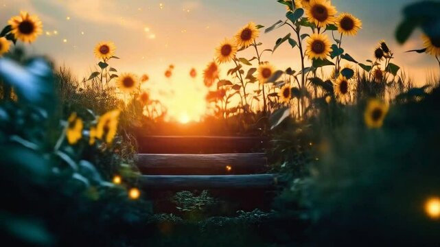 Magical Sunset Sunflowers and Fireflies along a Railway Track