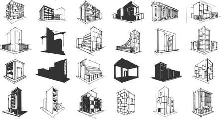 Abstract black and white architectural sketches depicting buildings, structures, and construction elements in a grid layout
