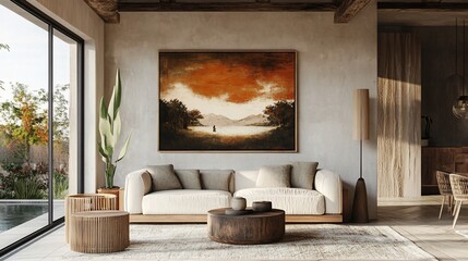Minimalist room with a painting of a misty lake behind sofa, adjacent to an outdoor pool area