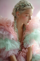 model in voluminous ruffled tulle top in mint and pink tones