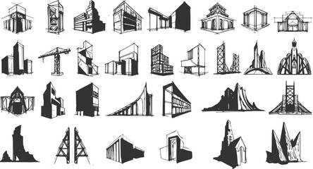 Naklejka premium Abstract black and white architectural sketches depicting buildings, structures, and construction elements in a grid layout 