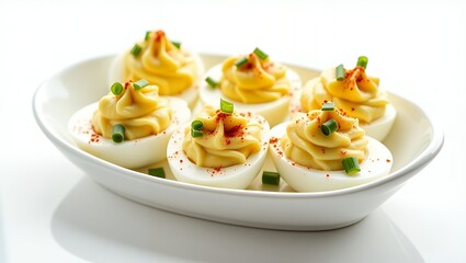Delicious deviled eggs topped with paprika on a clean white background perfect for food photography